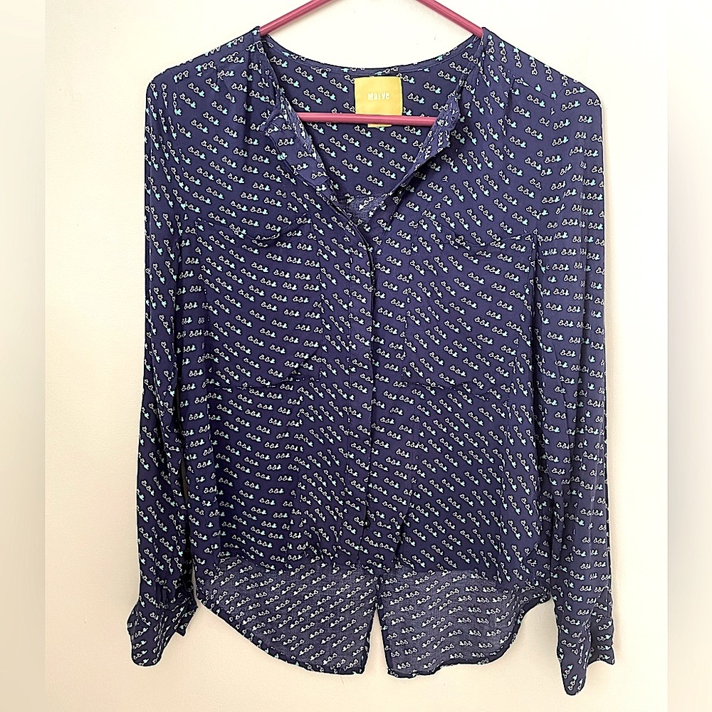 Anthropologie Maeve Navy Blue Ditsy Bird Print Blouse size 2